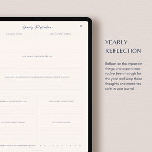 May include: A printable worksheet for a yearly reflection journal. The worksheet has sections for summarizing the year, most memorable moments, what you are grateful for, significant life changes, most valuable lessons learned, your overall mindset, and your hope for next year. The worksheet also includes a scale to rate your overall happiness for the year.