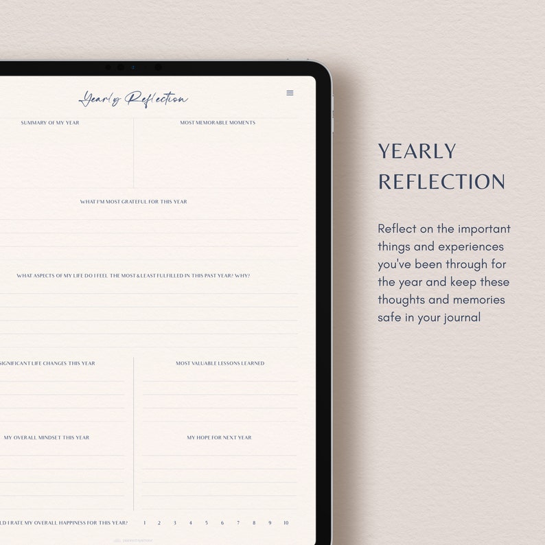 May include: A printable worksheet for a yearly reflection journal. The worksheet has sections for summarizing the year, most memorable moments, what you are grateful for, significant life changes, most valuable lessons learned, your overall mindset, and your hope for next year. The worksheet also includes a scale to rate your overall happiness for the year.