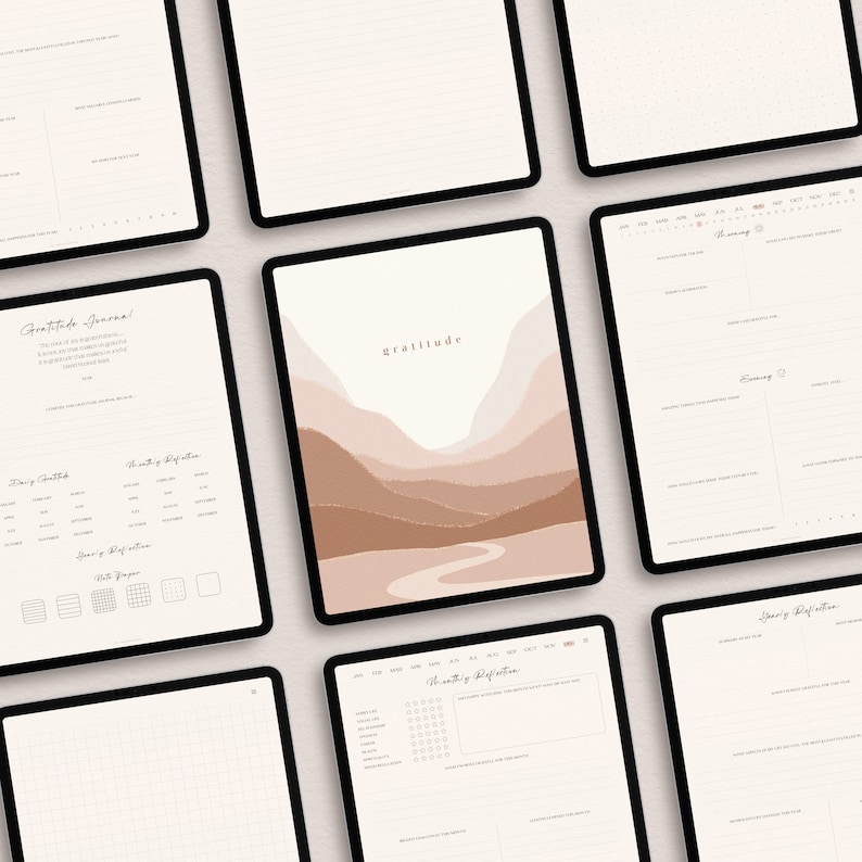 Op de afbeelding: Een digitale planner met een minimalistisch ontwerp met een landschapssc&egrave;ne met bergen en een rivier. De planner bevat secties voor dagelijkse dankbaarheid, maandelijkse reflectie en reflectie aan het einde van het jaar.