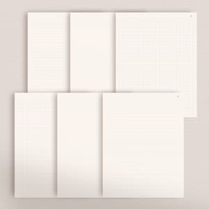 May include: Six different sheets of paper with different grid patterns. The sheets are all white and have a subtle texture. The patterns include lined, blank, graph, dot, and two different sizes of graph paper.