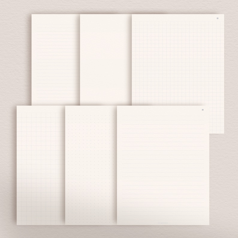 May include: Six different sheets of paper with different grid patterns. The sheets are all white and have a subtle texture. The patterns include lined, blank, graph, dot, and two different sizes of graph paper.