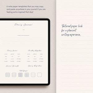 May include: A digital planner template for a daily journal with sections for daily, monthly, and yearly reflections. The template includes note paper templates with different grid patterns. The text "Daily Journal" and "Textured paper look for a pleasant writing experience." is visible on the page.