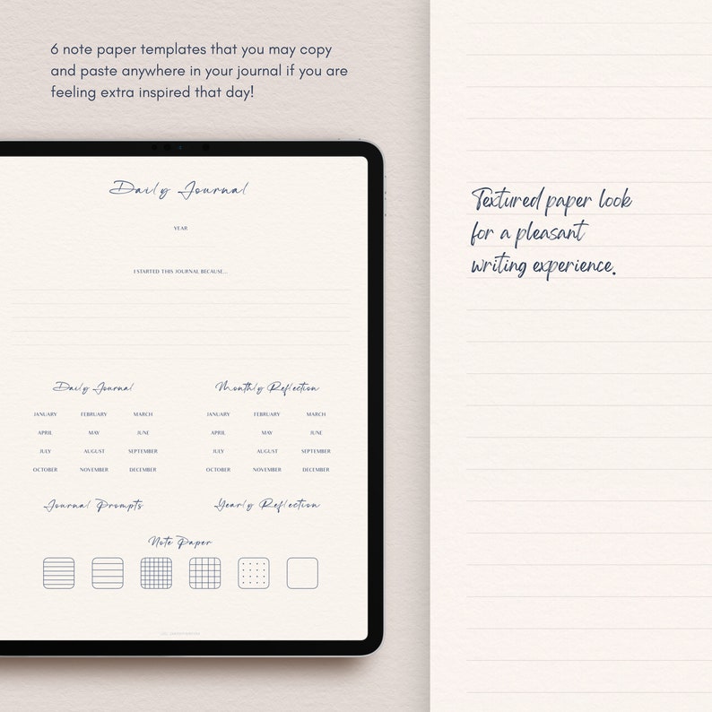 May include: A digital planner template for a daily journal with sections for daily, monthly, and yearly reflections. The template includes note paper templates with different grid patterns. The text "Daily Journal" and "Textured paper look for a pleasant writing experience." is visible on the page.