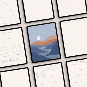 May include: A digital planner with a blue, orange, and white landscape design. The planner includes pages for daily journaling, monthly reflection, and goal setting. The planner also includes a gridded page for note-taking.