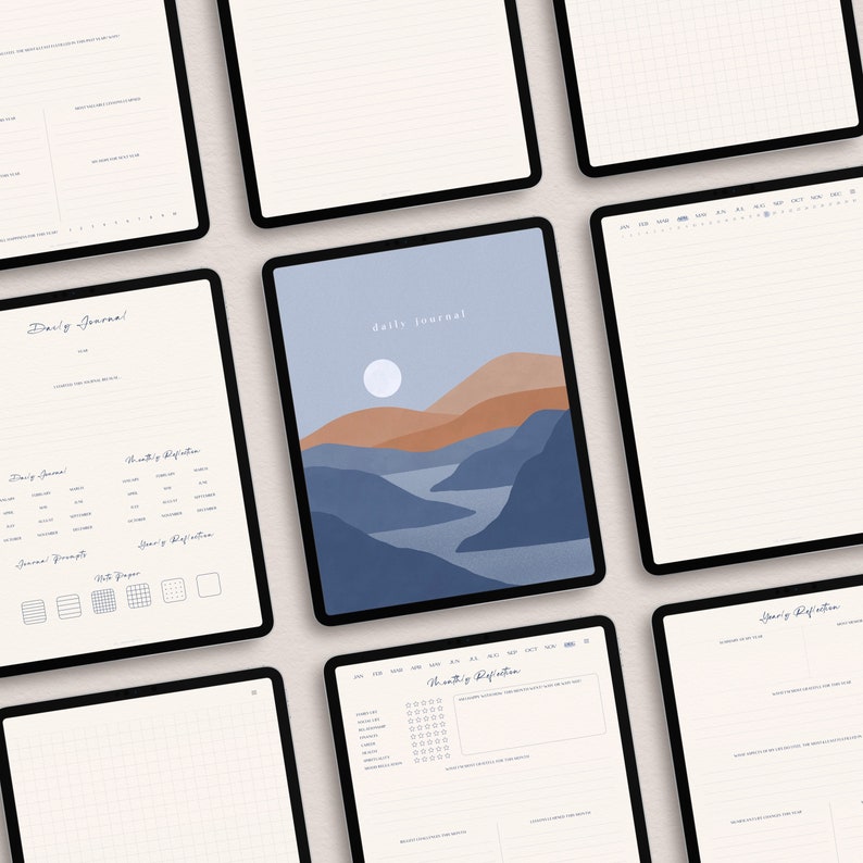 May include: A digital planner with a blue, orange, and white landscape design. The planner includes pages for daily journaling, monthly reflection, and goal setting. The planner also includes a gridded page for note-taking.