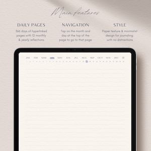 May include: A digital planner app interface with a calendar view showing the months of the year. The app features daily pages, navigation by tapping on the month and day, and a minimalist design.
