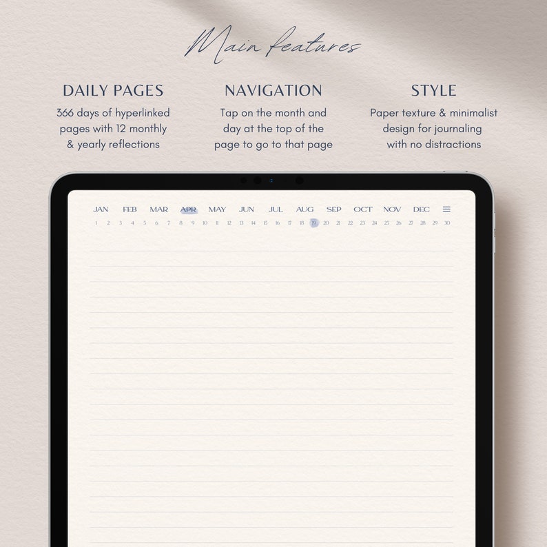 May include: A digital planner app interface with a calendar view showing the months of the year. The app features daily pages, navigation by tapping on the month and day, and a minimalist design.