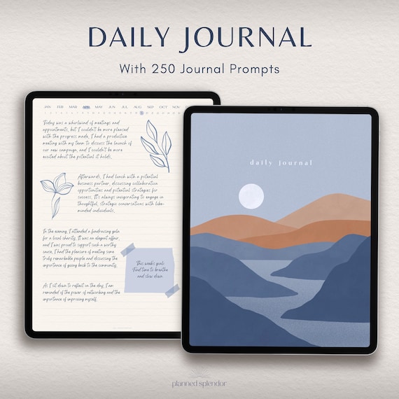 Minimalist Digital Daily Journal: Pastel Blue, 250 Prompts (PDF) - for GoodNotes, Notability