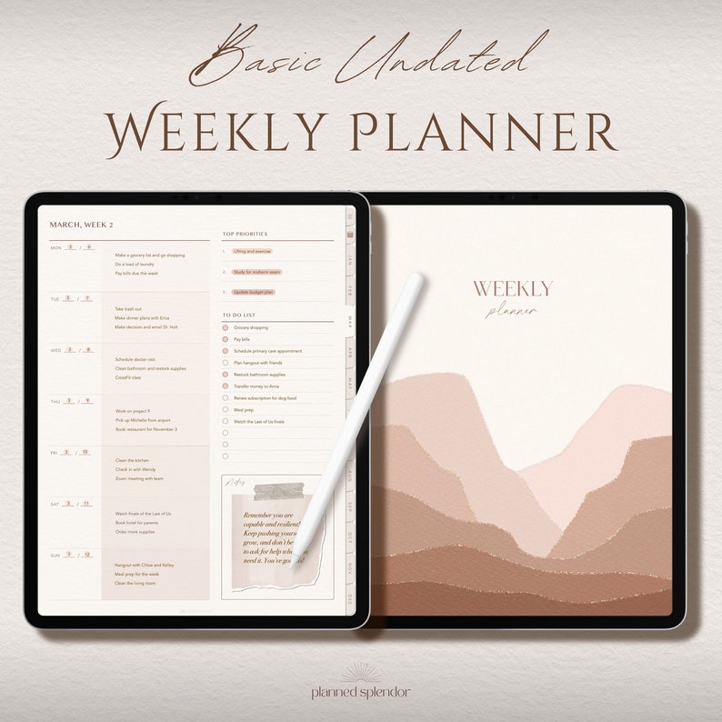 Basic Digital Weekly Planner Undated Monthly & Weekly Planner Boho Minimalist Planner for iPad, Android tablet, GoodNotes, Notability zdjęcie 1