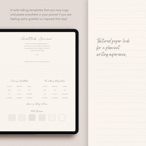 Op de afbeelding: Een digitale planner-sjabloon voor een dankbaarheidsdagboek met een textuurpapierlook. De sjabloon bevat secties voor dagelijkse dankbaarheid, maandelijkse reflectie en jaarlijkse reflectie. Het bevat ook een notitiepapiersectie met verschillende raster-stijlen.