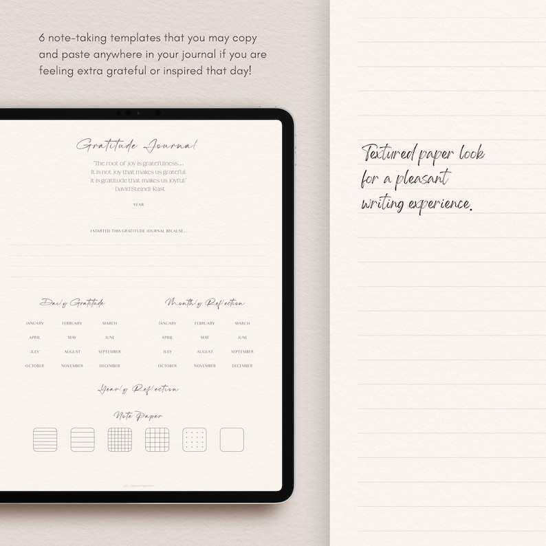Op de afbeelding: Een digitale planner-sjabloon voor een dankbaarheidsdagboek met een textuurpapierlook. De sjabloon bevat secties voor dagelijkse dankbaarheid, maandelijkse reflectie en jaarlijkse reflectie. Het bevat ook een notitiepapiersectie met verschillende raster-stijlen.
