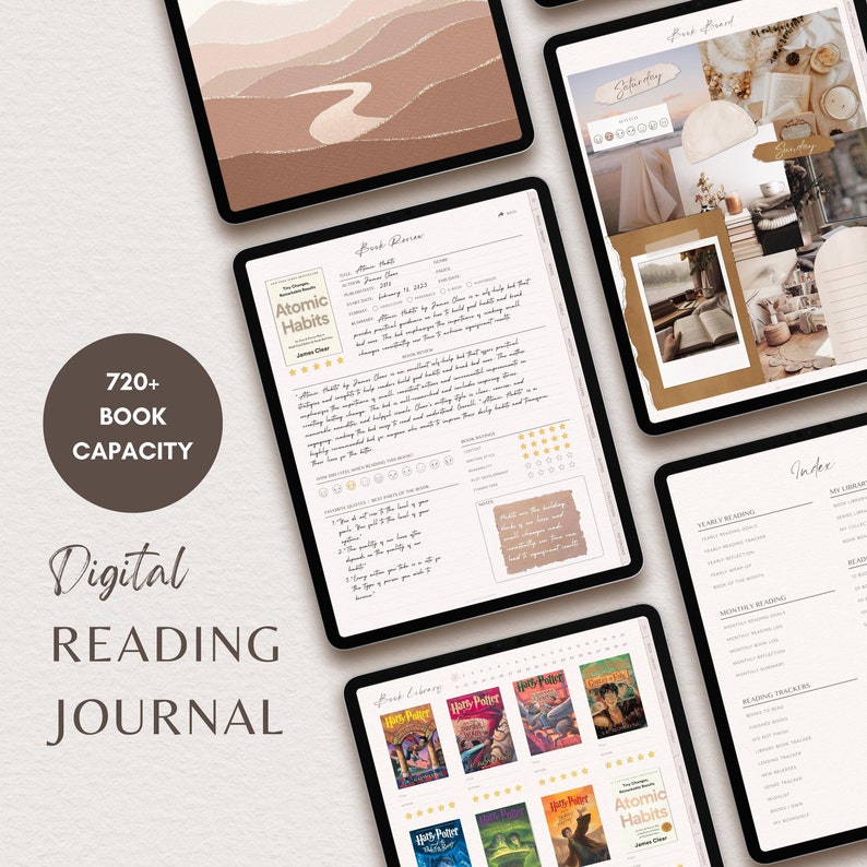 Digitaal leestijdschrift Herbruikbaar minimalistisch Boho Reading Planner Journal met boekrecensie voor iPad, Android-tablet, GoodNotes & Notability afbeelding 1