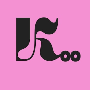 Puede incluir: Ilustración estilizada en blanco y negro de la letra "K" con dos círculos, que parecen ojos, a la derecha de la letra. La letra está en un estilo retro.