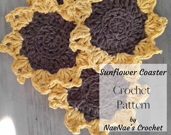 May include: Three crocheted sunflower coasters in brown and yellow. The coasters are made with a textured stitch and have a scalloped edge. The text "Sunflower Coaster Crochet Pattern by NaeNae's Crochet" is visible in the image.