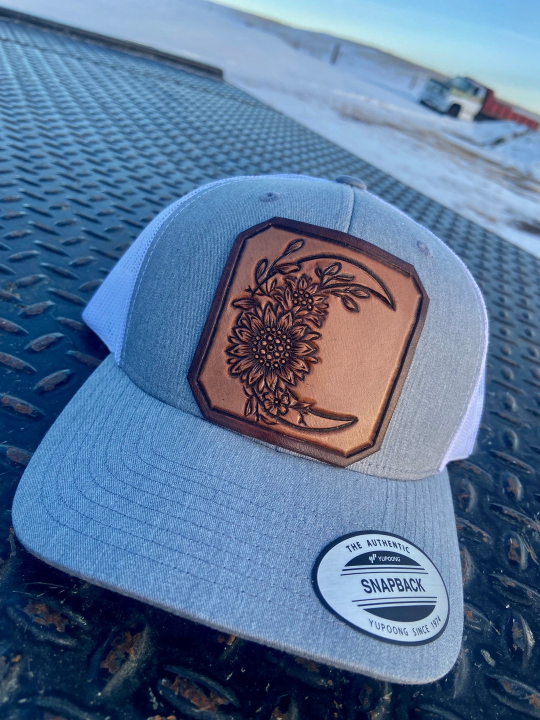 Tooled Leather Trucker Hat Etsy