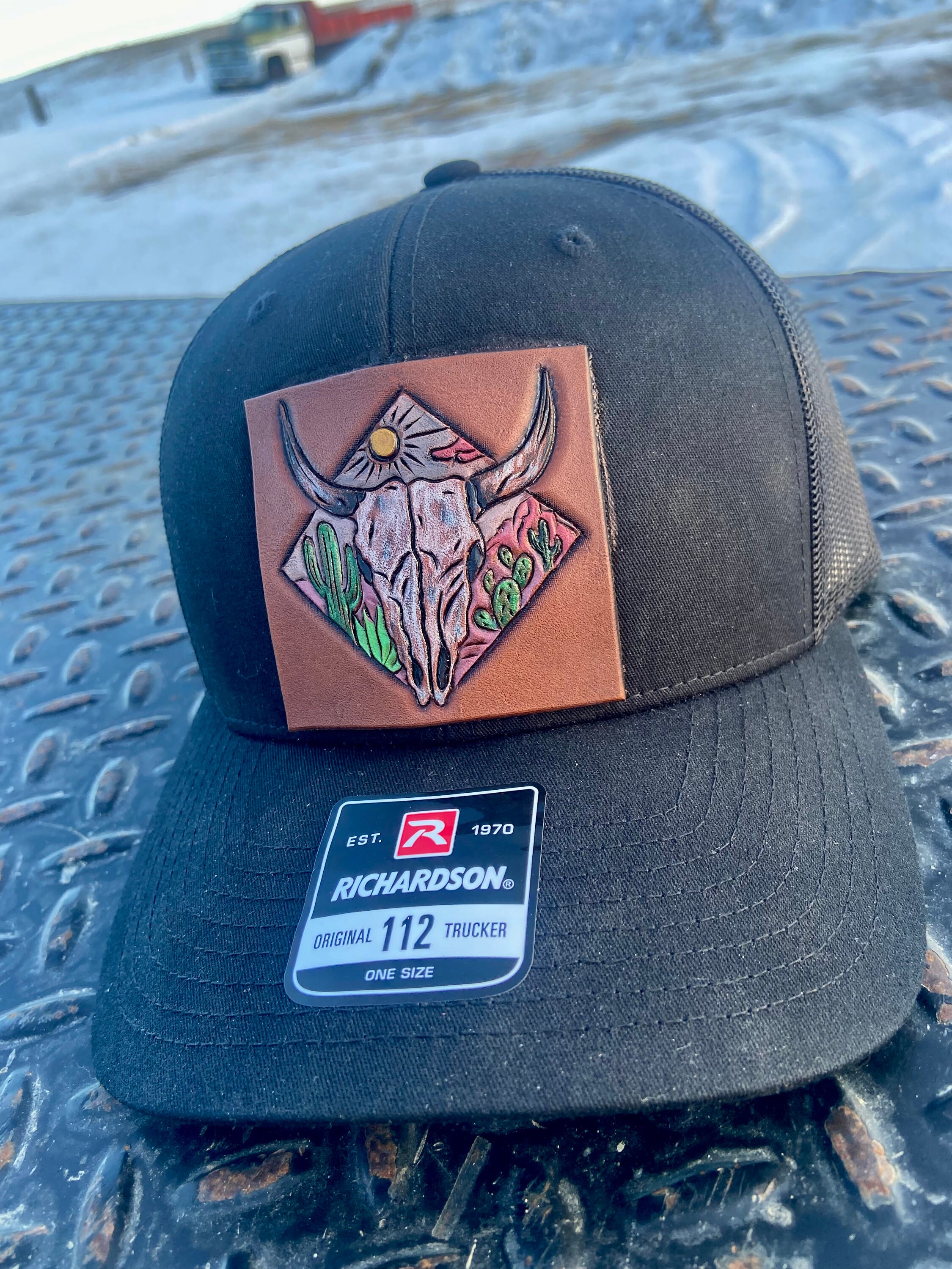 Tooled Leather Trucker Hat Etsy