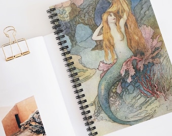 Vintage Little Mermaid Notebook- Warwick Goble Fairy Tales Original Illustration Journal - The Mermaid Notebook-Spiral Notebook - Ruled Line