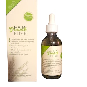 May include: A clear glass bottle with a white dropper top filled with a light yellow liquid. The bottle is labeled "Hair Growth Elixir" and has a green leaf design. The bottle is sitting on a white surface. The text on the bottle reads: "Herbal flower leaf stem infusions, Feeds hair follicles and improves scalp health, Promote efficient growth of healthy hair, Effective hair growth elixir for parents & kids, Vibes with all hair types, Net 50ml / 1.69 fl.oz, No petroleum, No mineral, No sulfates."