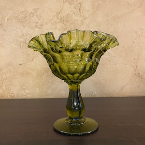Vintage Fenton Olive Green Thumbprint Compote