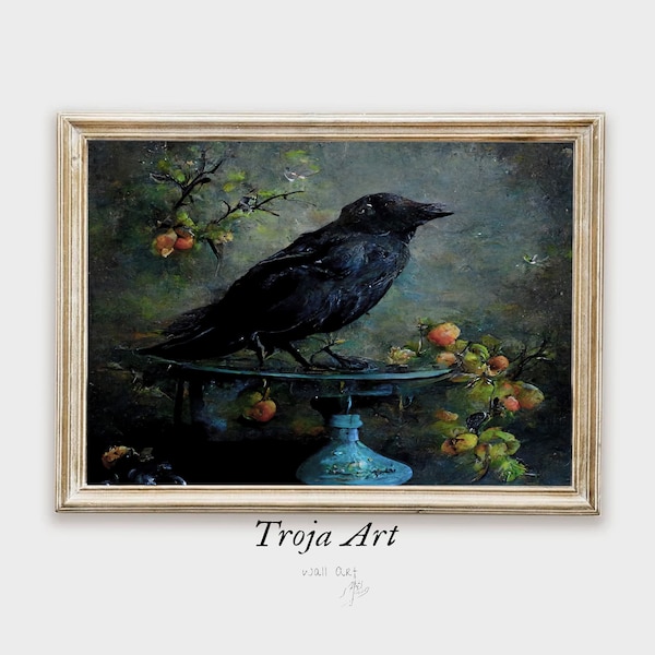 A Crow in the Garden Oil Painting, Wall Art, Gothic Printable Download, Instant Printable Wall Art