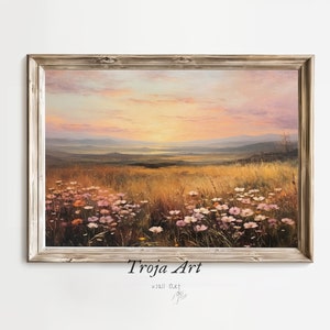 TROJA’S PICK (special discount)  Wildflower Field Landscape Oil Painting, Vintage Sundown Countryside Landscape, Digital Downloadable Art