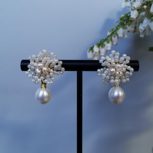 Genuine Freshwater Non-Nucleated Pearl with Keshi Pearl Weaved Floral Stud Earrings
