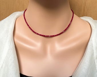 Collar de cuentas de rubí natural de corte cuadrado con cierre de plata - Piedra preciosa de mina natural roja
