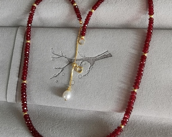 Collier de perles rondes lisses en or massif 18 carats, naturel, sans chaleur, non traité, rubis, 43,2 cm de longueur - Canada