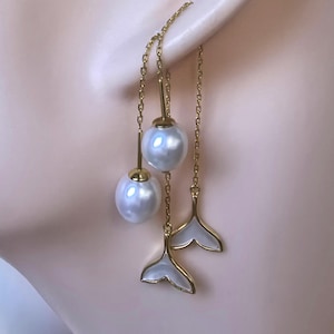 Mermaid Tails Screw Closure in threader Genuine Non-nucleated Freshwater Pearl 925 Sterling Silver Earrings