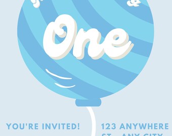 1st Birthday Invite - Invitation for a Birthday Boy Age 1 with Balloon