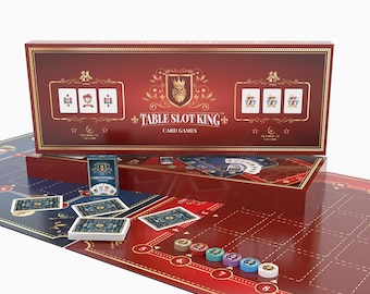 Table Slot King - 11 card games, for 1-8 players, board game for party, family time or unique birthday gift, deck of cards with pictures