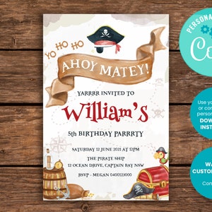 Pirate Birthday Invitation, Pirate invites, Pirate birthday invite, Pirate party invitations, Kids birthday invitation, Kids party invites