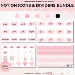 Pink Princess Notion Icons and Dividers | Digital Planner (63 PNGs) |2026 Edition