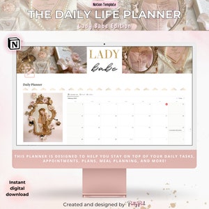 Könnte beinhalten: Eine digitale Planer-Vorlage für Notion mit einem rosa-goldenen Farbschema und dem Text "THE DAILY LIFE PLANNER Lady Babe Edition". Die Vorlage enthält einen Kalender, eine To-Do-Liste und einen Notizbereich. Das Bild enthält auch den Text "LADY Babe" in einer dekorativen Schriftart.