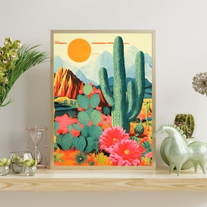 Whimsical Desert Radiance: Vibrant Risograph Art of Cactus, Mountainous Vistas, and Sunset