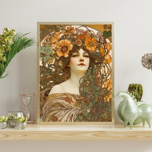 Alphonse Mucha Inspired - Art Nouveau Sunflowers - Ethereal Woman in Amber & Bronze - Elegant Lithograph Decor
