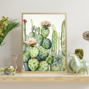 Vibrant Green Cactus - Realistic Watercolor Painting, Artful Detail on White Background