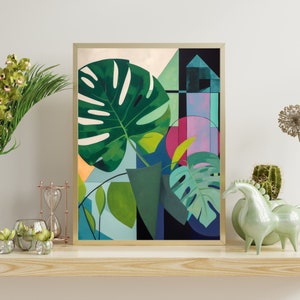 Geometric Monstera: Cubist Interpretation Art Print - Modern Botanical Decor, Bold Colors - Minimalist Swiss Cheese Plant Wall Art