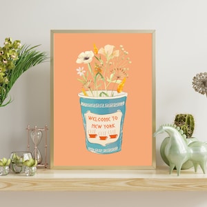 Welcome to New York: Floral Wildflower Coffee Cup Illustration - Modern Urban Chic Wall Art Print in Turquoise and Gold Tones