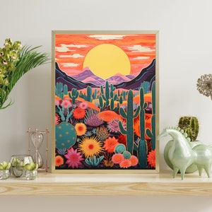 Whimsical Desert Radiance: Vibrant Risograph Art of Cactus, Mountainous Vistas, and Sunset