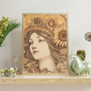 Inspiré d&#39;Alphonse Mucha - Tournesols Art nouveau - Femme éthérée en ambre et bronze - Ébauche décorative élégante de lithographie
