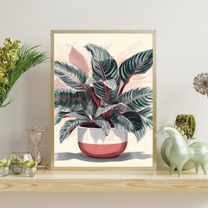 Minimalist Calathea Art - Boho Botanical Print, Mid-Century Modern, Bold Abstract Contours, Watercolor Poster, Home Decor