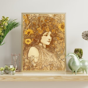 Inspiré d&#39;Alphonse Mucha - Tournesols Art nouveau - Femme éthérée en ambre et bronze - Ébauche décorative élégante de lithographie