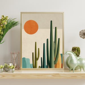 Southwest Kaktus Wandkunst in kräftigen Farben, modernes Wüstenplakat der Mitte des Jahrhunderts, Arizona Landschaft für Retro Wohnkultur