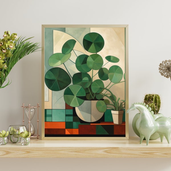 DIGITALE DOWNLOAD | Levendige Pilea Money Plant: gedurfde botanische kunstprint in pop-artstijl - kleurrijk Pilea Peperomioides-decor