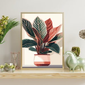 Minimalist Calathea Art - Boho Botanical Print, Mid-Century Modern, Bold Abstract Contours, Watercolor Poster, Home Decor