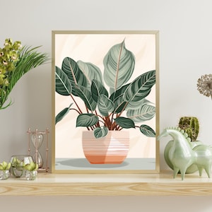 Minimalist Calathea Art - Boho Botanical Print, Mid-Century Modern, Bold Abstract Contours, Watercolor Poster, Home Decor