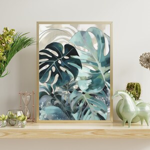 Coastal Serenity: Abstract Monstera Deliciosa Print - Ocean-Inspired Botanical Art - Modern Swiss Cheese Plant Decor