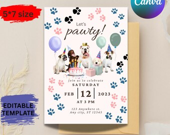 Invito di compleanno per cuccioli / Invito stampabile per feste per bambini a tema cani / Invito personalizzato per feste di compleanno per animali domestici