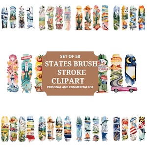 USA 50 Bundesstaaten Pinselstrich-Clipart-Bilder, Wahrzeichen PNG SVG-Bundle, Zustand Umriss Grafiken, Reise-Abenteurer-Kunst, druckbare Amerika Cricut